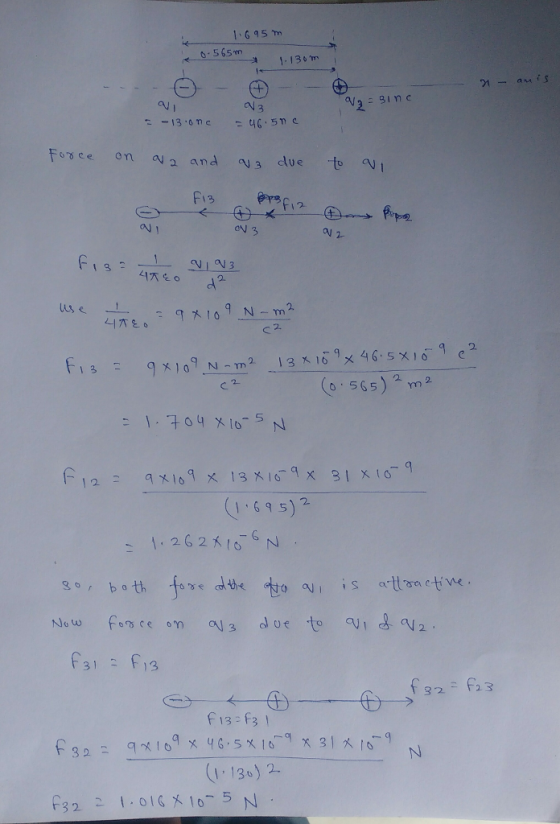 1 695m 6. 565m Force on a and 3 due to aN 1 ov 3 us 13 0 565) 2 m2 1-615)2 f31 F13 36) 2.