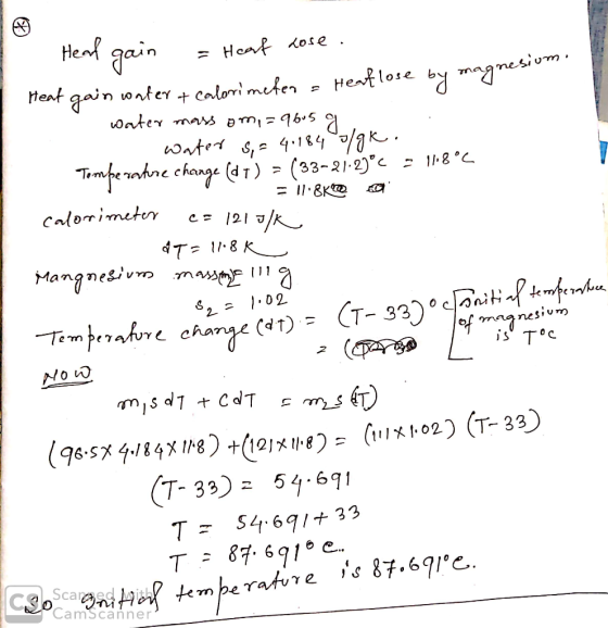 nesium 1 = Heat Lose . Heat gain water & calorimeten = Heat lose by magnes - water mass om, =9605 g. Water S,= 4.184 o/gk. Te