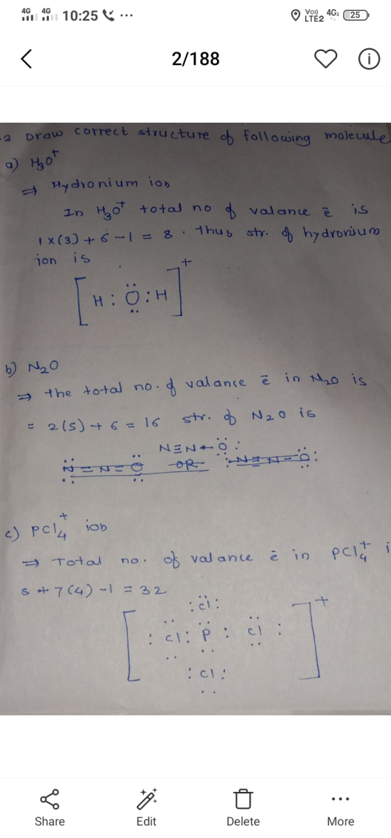 Hill 191 10:25 ... O V 9 22 462 25 2/188 ♡ -2 Draw correct structure of following molecule a) Hot Hydronium ion In Hoot total