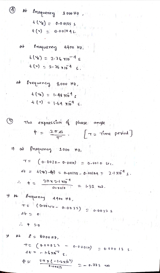 A At frequency 1000 Hz 0.00125 s tlve) t() = 0.001045. at frequency 4400 Hz, tlve) - 2.76 X10 -4 t(V) 2.76 % 104 s. at freque
