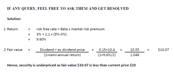 IF ANY QUERY, FEEL FREE TO ASK THEM AND GET RESOLVED Solution 1 Return risk free rate + Beta x market risk premium 3% + 1.1 x