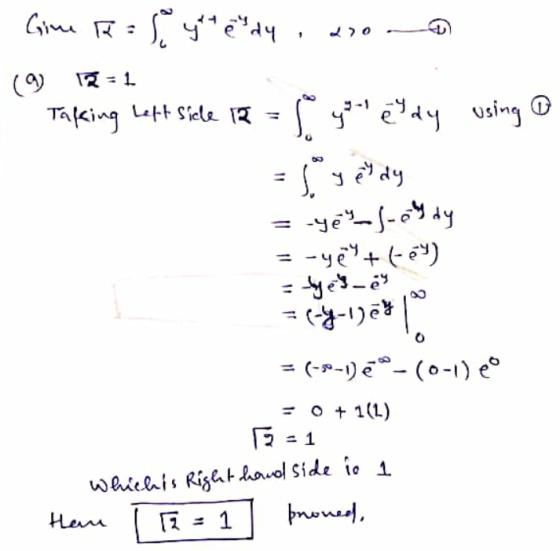 Gime R = ytterdy, 20 (9) 2 = 1 Taking left sicle 12 = 1 y etdy using a = gedy = yeus- og dy = -ye + ley) = yer_ey = (y-uset