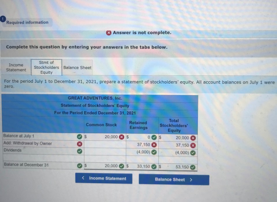 ! Required information Answer is not complete. Complete this question by entering your answers in the tabs below. Income Stmt
