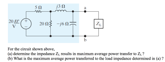 20/0° © 2003 -j6n+ Z For the circuit shown above, (a) determine the impedance ZL results in maximum average power transfer to