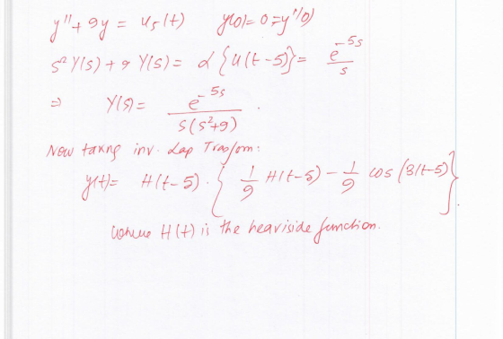 yol = 0 =4) 5s 5s 4 91 = и 7) svis) » Үis) = a u (E-5) = Y(S) = е sts19) Now taking inv. Lap Traslom. 2 cos (st-5 d: #ft-5).