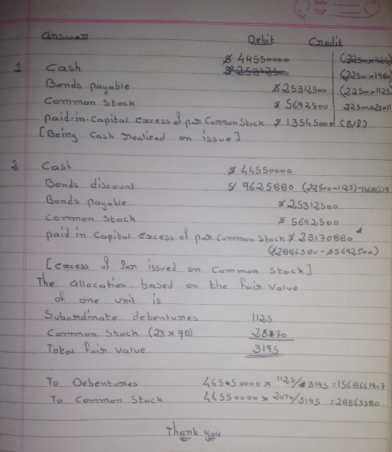 answe Debit Credit $ 4455000 6725auties cash (22.500 1969 Bonds payable 825312500 (2.2 Suw > 1125. Common stock $ 5692500 225