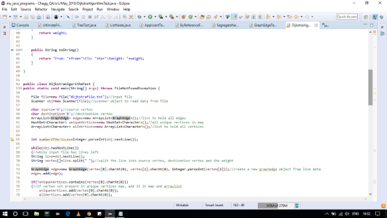 my java_programs - Chegg QA/c/May_2018/DijkstraAlgorithm Test.java - Eclipse File Edit Source Refactor Navigate Search Projec