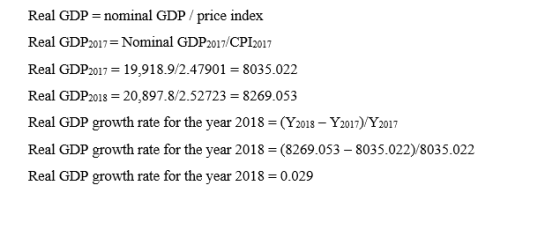 Real GDP = nominal GDP / price index Real GDP2017= Nominal GDP 2017/CP12017 Real GDP2017 = 19,918.9/2.47901 = 8035.022 Real G