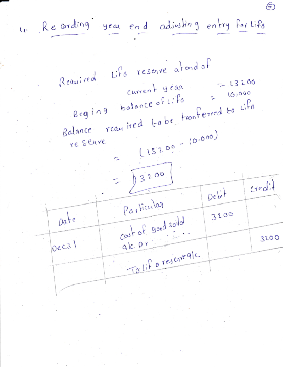 u Recording year end adjusting entry for Life Required Lifo reserve at end of - current year = 13200 Beging balance of life 1