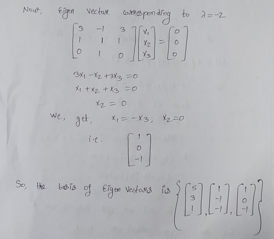 Now, Eigen Vectare corresponding to d= -2 3 3 X, X2 o Xz 3x1 - x2 + 3x3 =0 X X X 2 + x3 =0 x2 = 0 x, = – X3, X220 we, get, ir