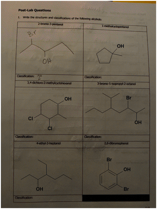 Post-Lab Questions 1. Write the structures and classifications of the following alcohols: 2 -bromo-3-pentano R Boerndl ОН Cla