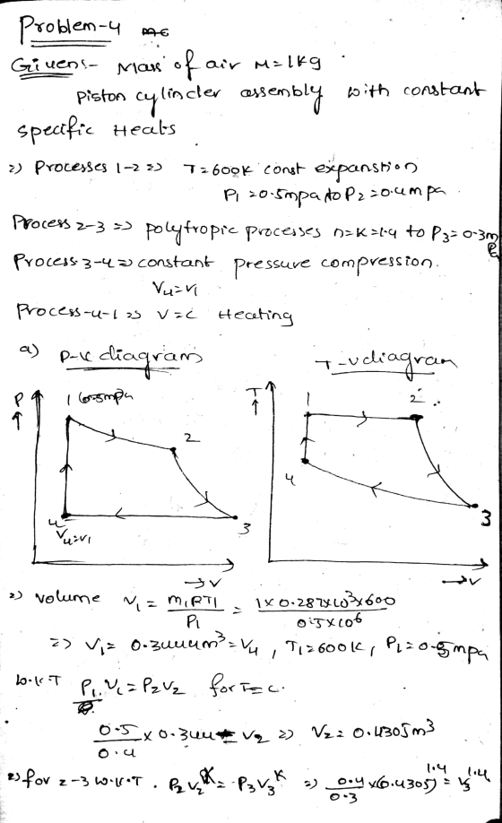essembly with constant Problem-4 mo Givens mans of air malkg piston lincher casse cylinder specific Heats 2) Processes 1-23)
