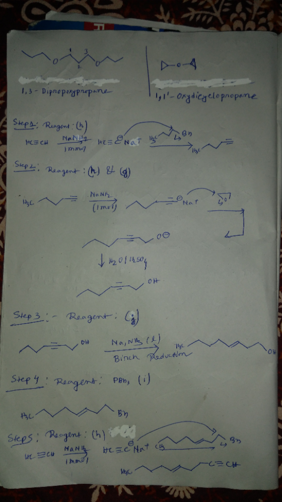 1,3-Dipropoxypropane 11,1 - Oxydicyclopropane Steps! Reagent : (h) HECH Mality He= ENT IN Bn. immy 2 Sept: Reagent : (h) & (g