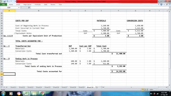 х X- Process Costing - Microsoft Excel (Product Activation Failed) File Home Insert Formulas Data Review View ♡ X X Page Layo