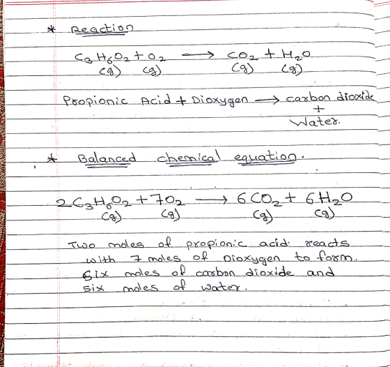 peaction Ca Heo2o ८4) Ca) caxbon dioxtde Propianic Acidt Dioxygen Wated dhemical eayuation Balanced 6 CO2t6H20 ca) +102 Ca of