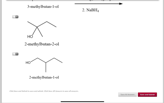 3-methylbutan-1-ol 2. NaBH4 HO 2-methylbutan-2-ol НО? 2-methylbutan-1-ol Click Save and Submit to save and submit. Click Save