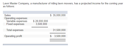Lawn Master Company, a manufacturer of riding lawn mowers, has a projected income for the coming year as follows: Sales S 35,000,000 Variable expenses 28,000,000 Fixed expenses 3,500,000 Total expenses 31,500,000 Operating profit $ 3,500,000