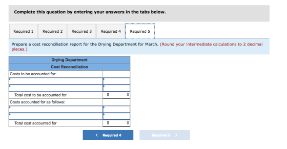 Complete this question by entering your answers in the tabs below. Required 1Required 2 Required 3 Required 4Required 5 Prepare a cost reconciliation report for the Drying Department for March. (Round your intermediate calculations to 2 decimal places.) Drying Department Cost Reconciliation Costs to be accounted for Total cost to be accounted for Costs accounted for as follows: Total cost accounted for KRequired 4 Required 5