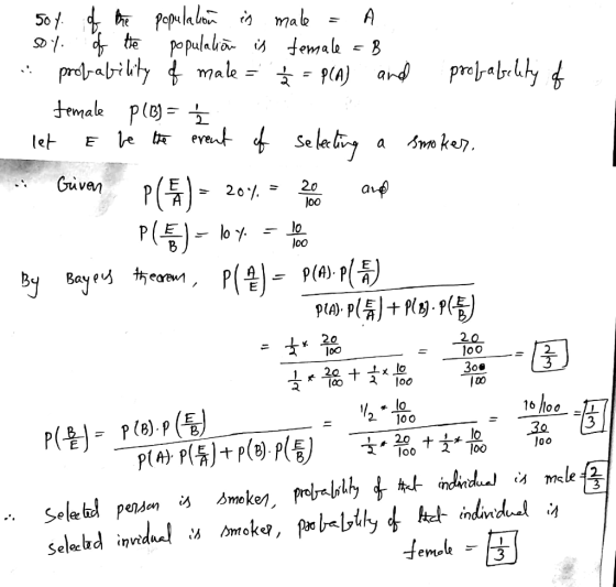 50t of the population in male = A. soy of the population is temale =B probability of male = f = P(A) and profalsclity of - fe