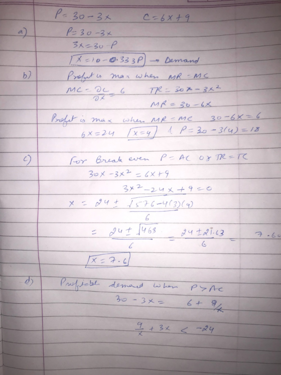 P=30-3+ C=6x79 P-30-34 3X=30 p 18-10-0.333P) - Demand Profit is max when MR-MC MC=0C6 TR= 30%-342 MR=30=6X Propet is max when