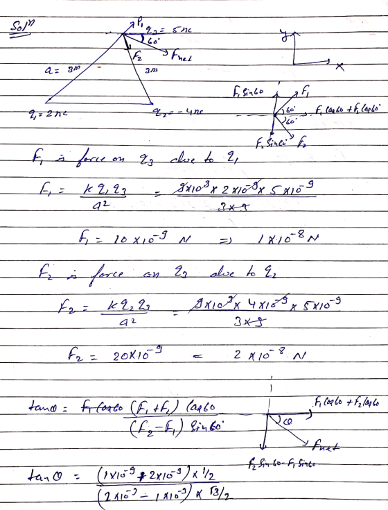 Son % = snc 60 F2 Fal a = 3m am E, sinto 360 ar une 9=2nt f carboth losto A since A s force force on q alue to 2, A = K2, 22