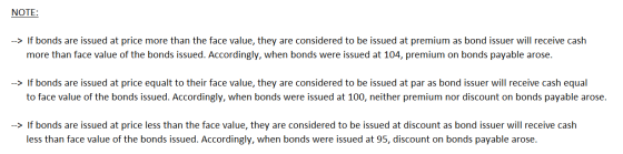 NOTE: --> If bonds are issued at price more than the face value, they are considered to be issued at premium as bond issuer w