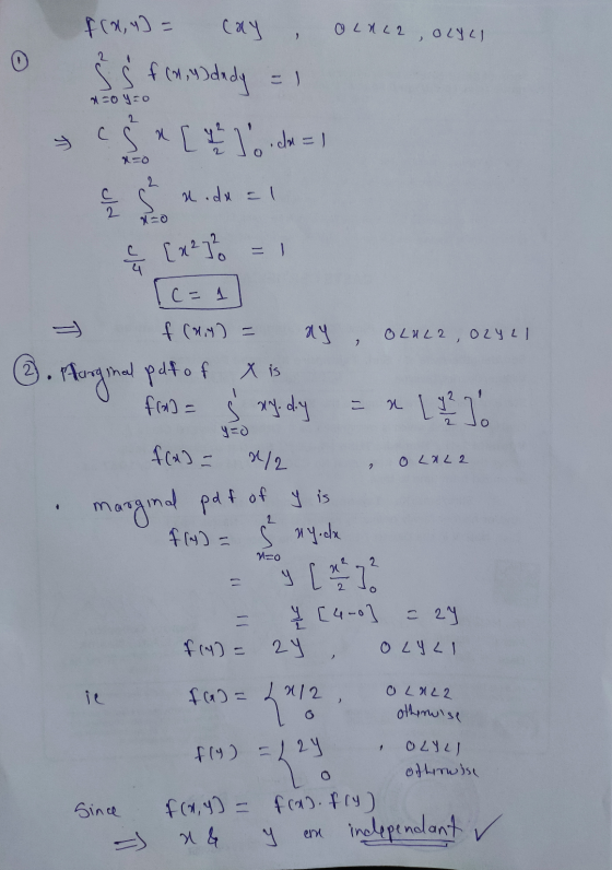 0 azo y=0 fra, u = cay , OLALL, OLYLI 8 S f (x,y) dady = 1 » [ 12 Jo che=1 ç Š xdx ! q [2²77 = 1 1 = 1 - f(an) = ay OLULR, Oz