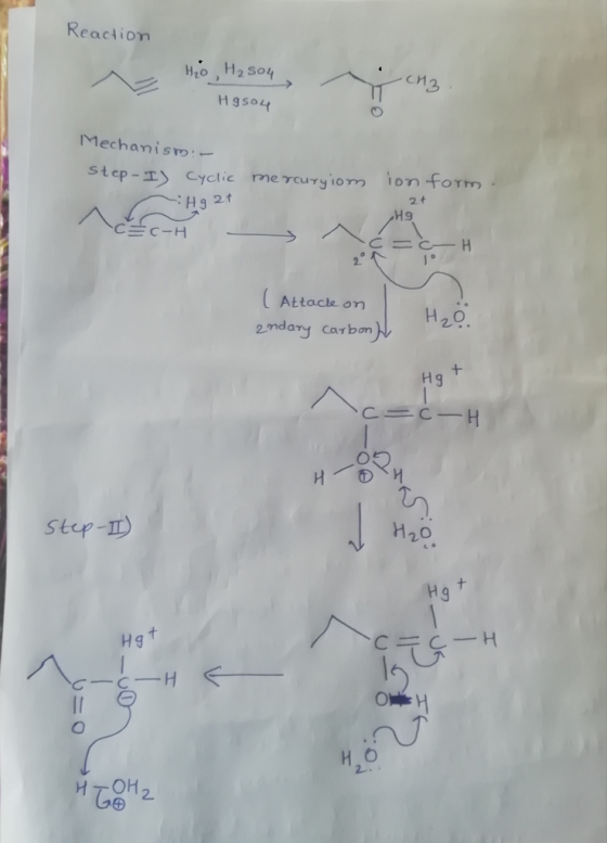 Reaction Ho, Hasou H₂O H₂804 -CH3 cha Hasou Mechanismi- step-IS Cyclic mercuryiom ion form 2+ Hg2+ H9 C-H - ^ c = c H (Attack