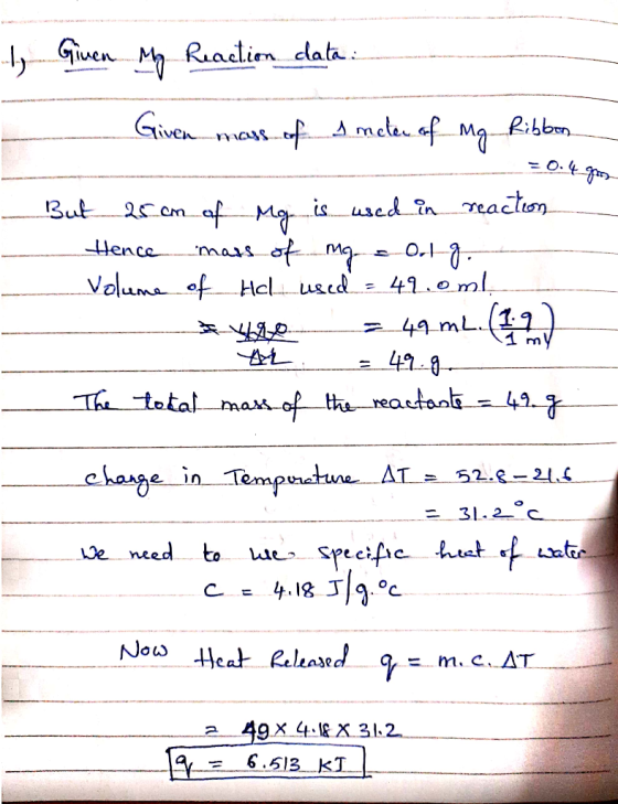 I Given - My Reaction clata: Given mass of a meter of Mg Ribbon But 25 cm of Mg is used in reaction Hence mass of mg - Orig.