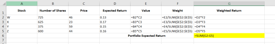 А G Stock Number of Shares Price Expected Return Value Weight Weighted Return 725 625 375 600 0.13 0.17 0.15 0.16 =B2*C2 =E2/