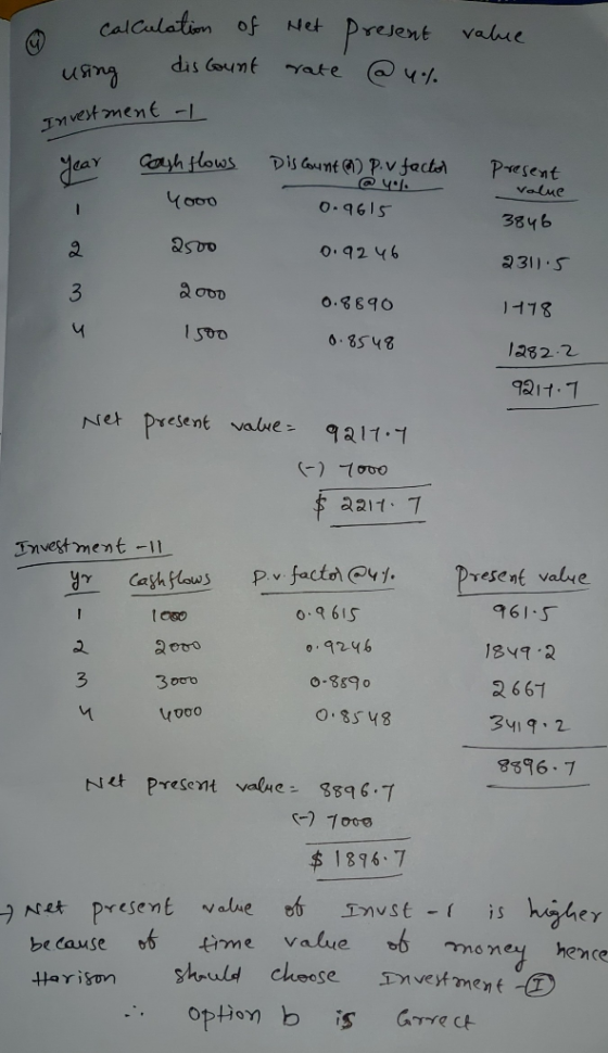 o calculation of using discount Investment of net rate present value @ 4% Discount (1) p. v factor cash flows 4ooo present -