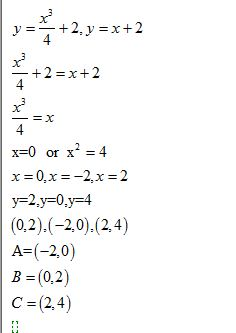 x y=+2, y=x+2 4 +2 = x+2 4 x =X 4 x=0 or x? = 4 x=0, x = -2, x = 2 y=2.y=0,y=4 (0,2).(-2,0).(2.4) A=(-2,0) B =(0.2) C =(24)