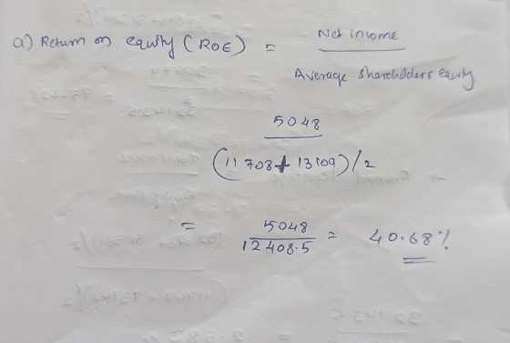 Net income a) Return on equity CROE) ) Average shareholders early sowie 5048 (117084 13 609)/2 5048 12408.5 2 40.687/