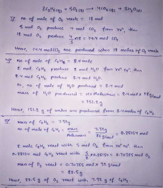 2H,00) +502(0) 18 mal of mole op 02 reask 37 no 5 mal O proelue y mos co2 frem , en 18 mal O2 proeluue 14. mol O 5 Hene, 4.y