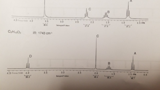 00 4.5 P TTTTTTT un NMR 4.0 3.5 3.0 TTTTT 1.5 1.0 0.5 PPM 26.6 Intregral Values 17.3 27.1 C5H1002 IR: 1743 cm-1 TTTT 3.0 4.5