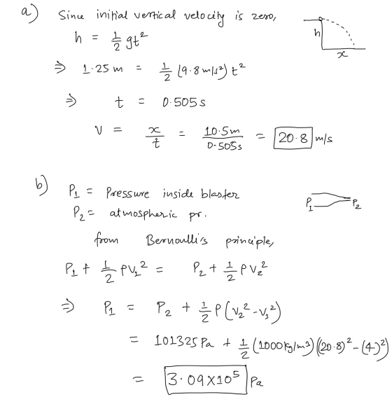 a) Since initial vertical velocity is zeso, h = 1/2 gt 1 / 2 19.8 m/s) t² h hi a 1.25m - S t = 0.5055 V = 20 8/ 10.5m D-505s