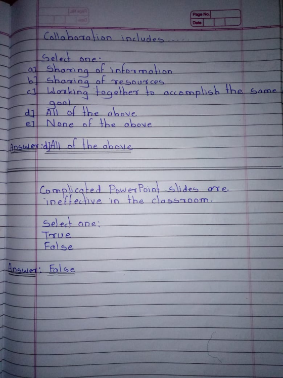 Page No Data Collaboration includes Select one: Sharing of information b) shaging of resources c) Llooking together to accomp