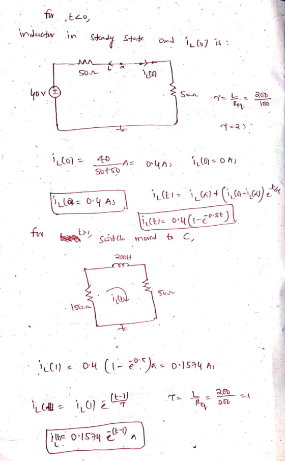 - · furtco inductor in steady state and Lot is: M Son 1, son pt = 2000 9=2) . (CO) = 40 Adun 10 = 0 As sotso Illa= 0.4 As I