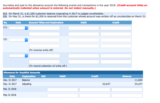 Journalize and post to the allowance account the following events and trans automatically indented when amount is entered. Do