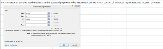 PMT function of excel is used to calculate the equated payment to be made each period which consist of principal repayment an