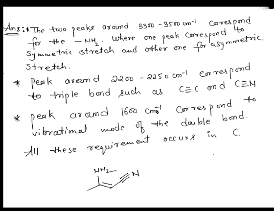 $:* The two peaks aroumd 3300 - 3500 om Coorespond for the ~ NH where one peak correspond to symmetric stretch and other one