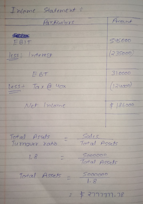 Income Statement : Amount Particulars EBIT Susooo less & Interest 1235000) EBT 310000 less - Tax @ Yor. (124.000 Net Income $