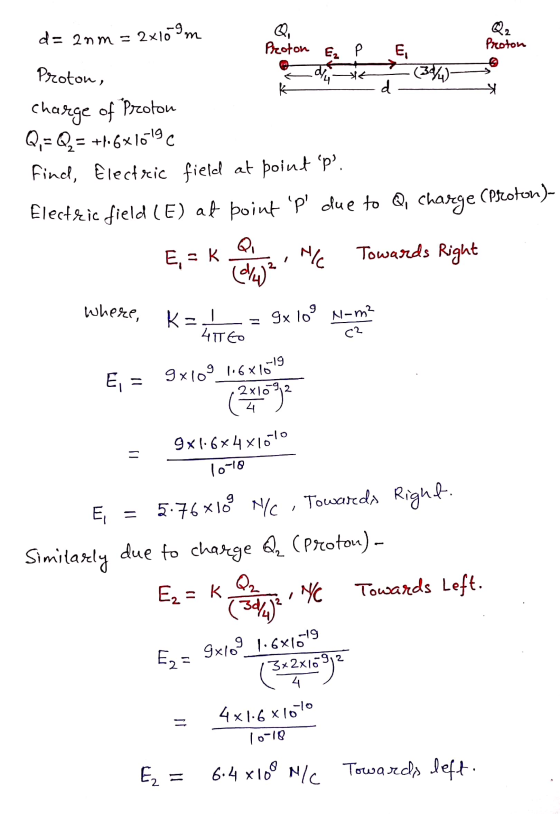 Q2 Q, Proton Proton Ez P 6 Proton, alu 4 K d * d=anm = 2x109 m E, (30%) charge of Proton Q,- Q = +6x1619 Find, Electric field