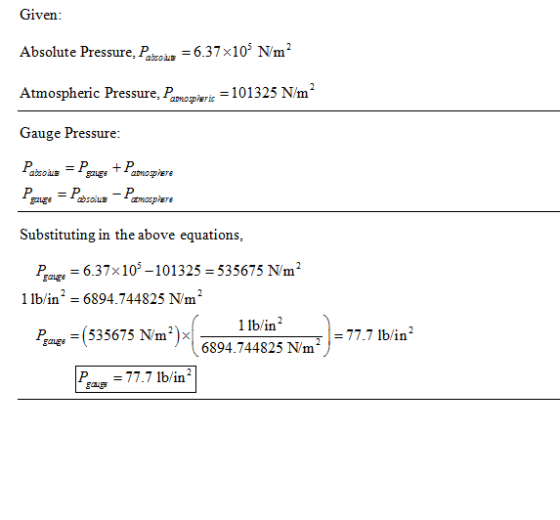 iven Absolute Pressure, Paoi -6.37x 10 Nm Atmospheric Pressure, 101325 N/m? Gauge Pressure: absou uge Substituting in the abo