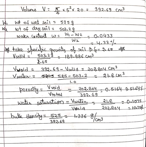 Volume V = I x 5² x 20 = 392.69 cm3 wt of wet soil = 525g wt of dry soil = 503.2g water content w = Wi-W2 -0.0433 C W2 2 = 4.