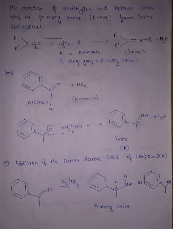 The reaction of aldehydes and ketones with NH₃ or primary amine (R-NH₂) forms imine derivatives. R eto + HAN- R C =N-R +H₂O R
