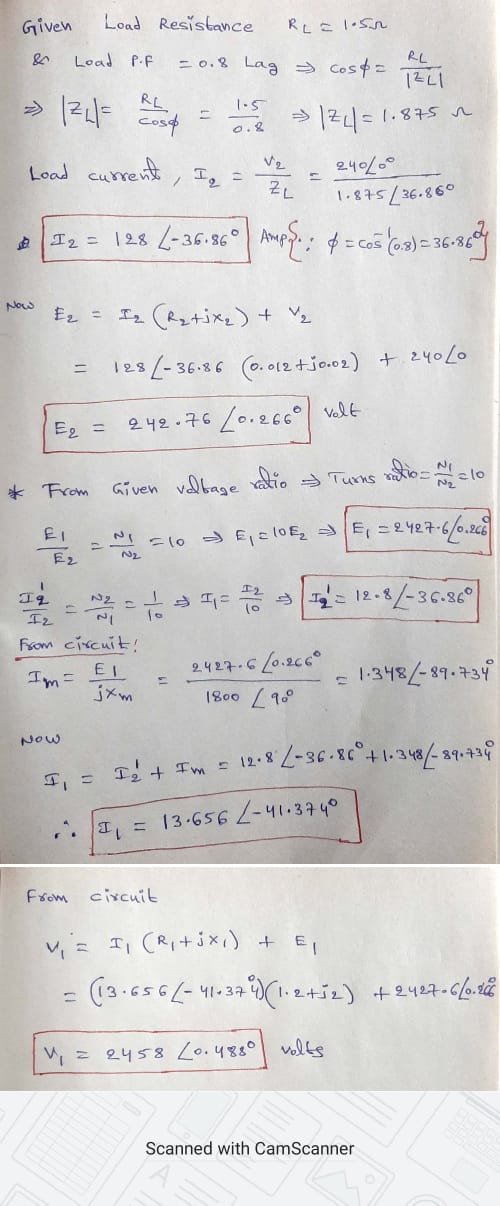 Load Resistance Real.sn. Given & Load P.F = 0.8 Lag costa RL TELL >> 1245 let the base = 174= 1.875 m Load current , I = 2 =