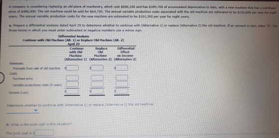 A company is considering replacing an old piece of machinery, which cost $600,100 and has $349,700 of accumulated depreciatio
