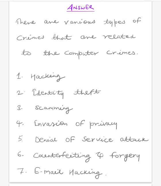 ANSWER There are ranious types of crémes that re related to the computer cremes. 1. Hacking 2. Identity theft amming 4. Invas