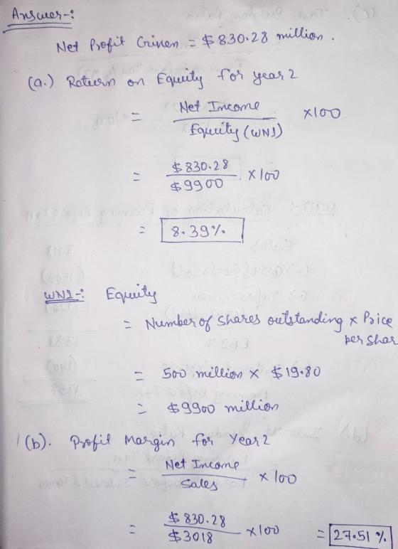 Answer: Net Profit Crinen = $830.28 million. (a.) Return on Equity for year 2 Net Income xloo Equity (WNI) $830.28 $9900 xloo
